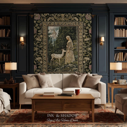 Whimsy Woodland Goddess Tapestry | Elegant Fairytale Throw Blanket Woven Wall Art Victorian Botanical Princess Mystic Deer Forest Spirit