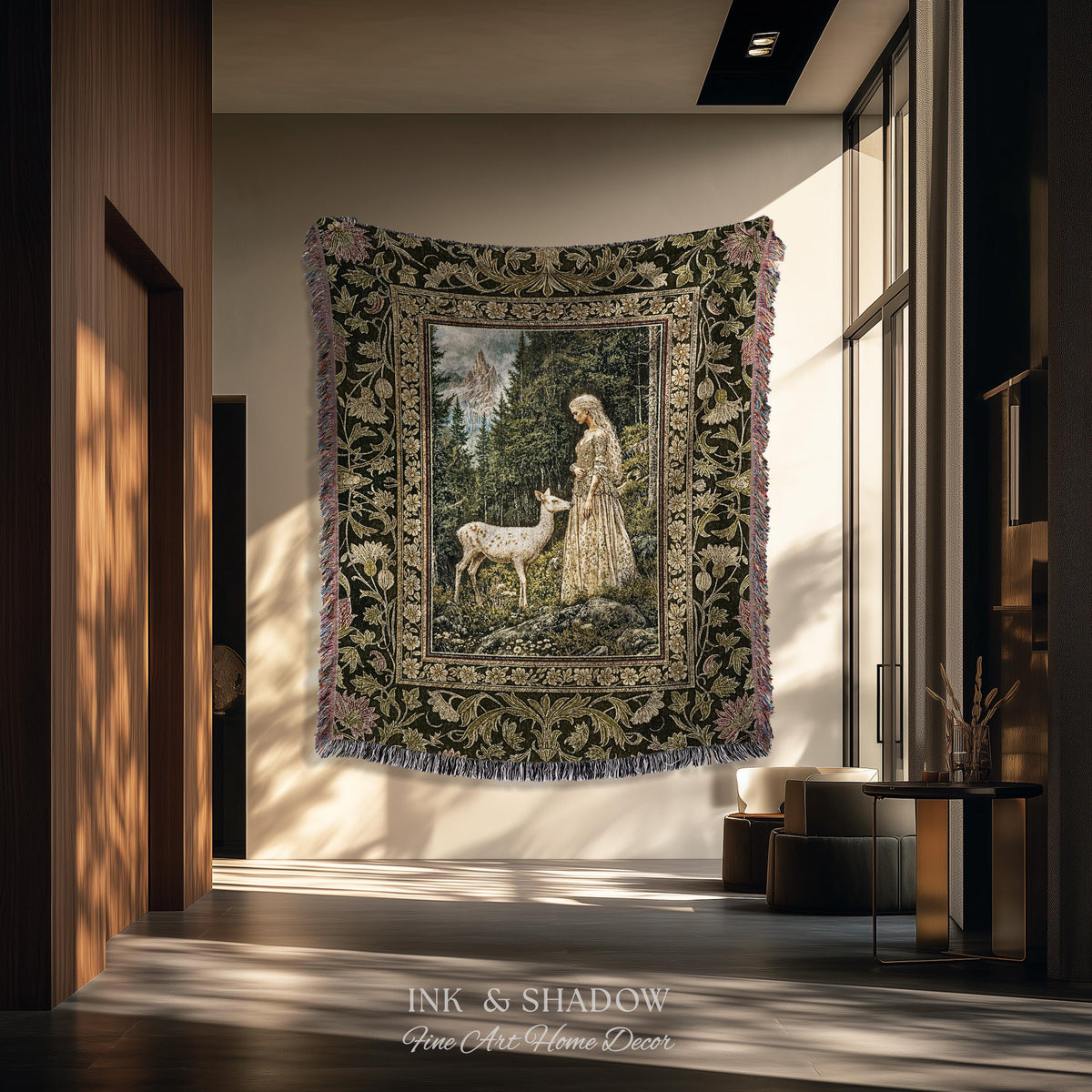 Whimsy Woodland Goddess Tapestry | Elegant Fairytale Throw Blanket Woven Wall Art Victorian Botanical Princess Mystic Deer Forest Spirit