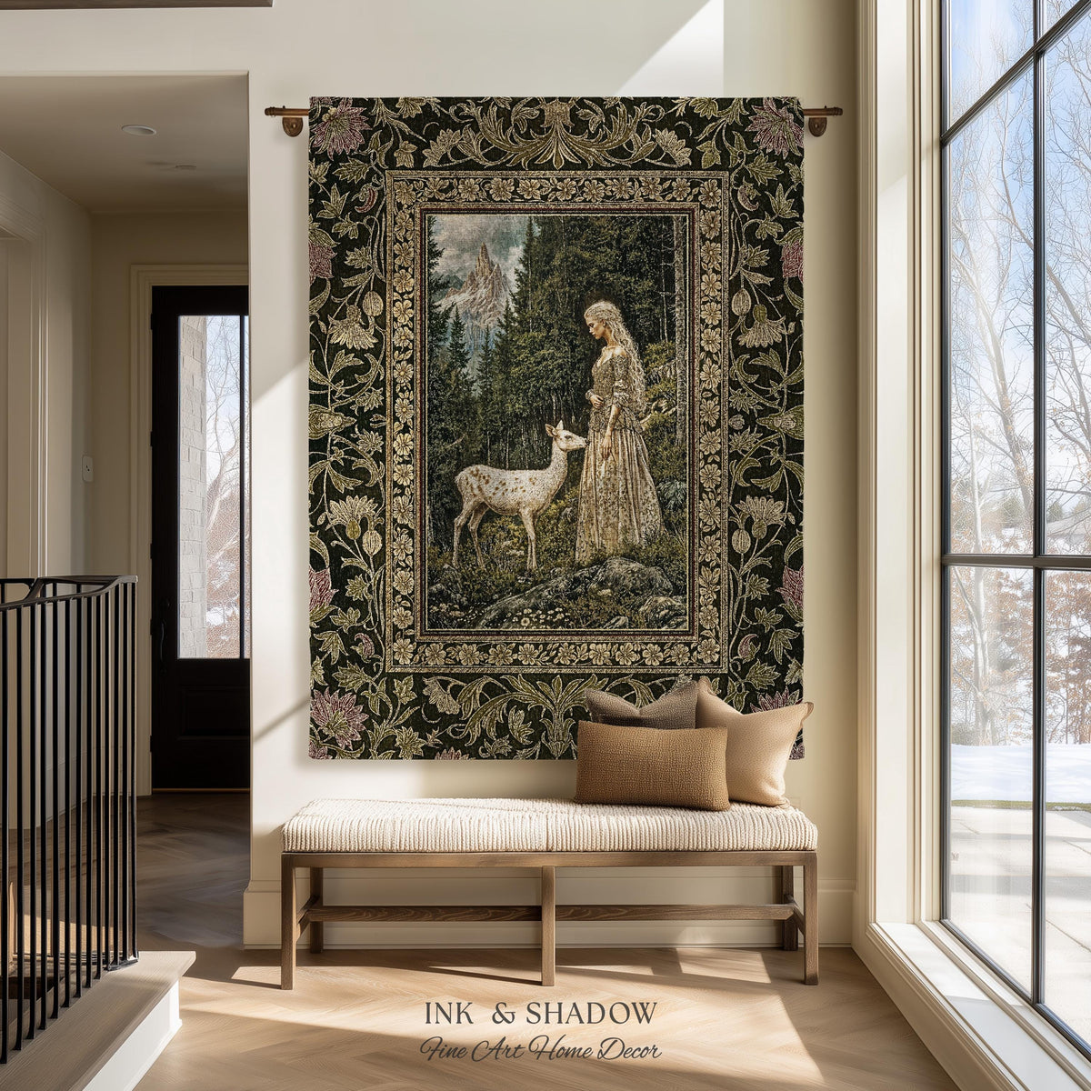 Whimsy Woodland Goddess Tapestry | Elegant Fairytale Throw Blanket Woven Wall Art Victorian Botanical Princess Mystic Deer Forest Spirit