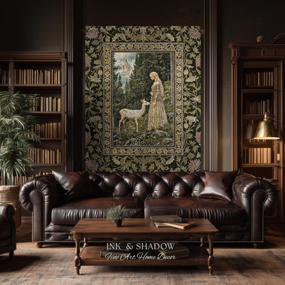 Whimsy Woodland Goddess Tapestry | Elegant Fairytale Throw Blanket Woven Wall Art Victorian Botanical Princess Mystic Deer Forest Spirit