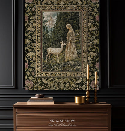 Whimsy Woodland Goddess Tapestry | Elegant Fairytale Throw Blanket Woven Wall Art Victorian Botanical Princess Mystic Deer Forest Spirit