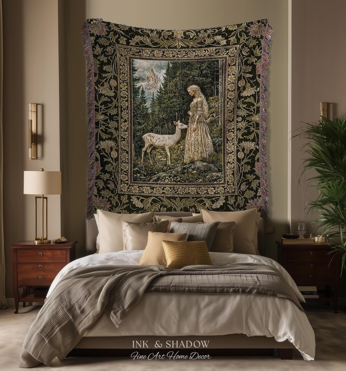 Whimsy Woodland Goddess Tapestry | Elegant Fairytale Throw Blanket Woven Wall Art Victorian Botanical Princess Mystic Deer Forest Spirit