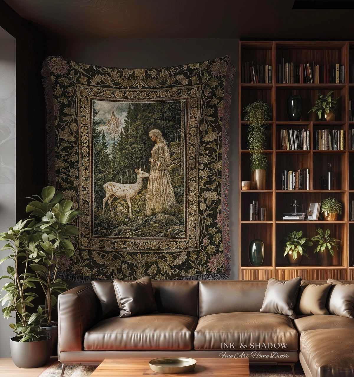 Whimsy Woodland Goddess Tapestry | Elegant Fairytale Throw Blanket Woven Wall Art Victorian Botanical Princess Mystic Deer Forest Spirit