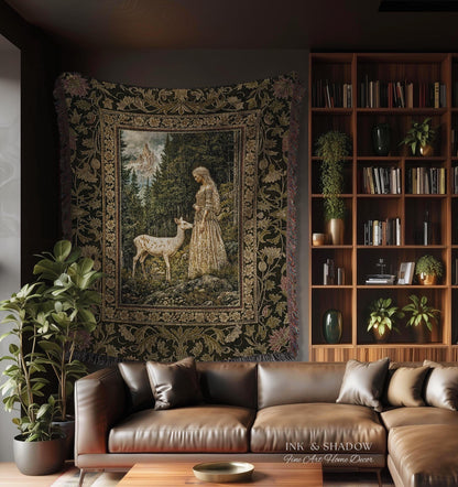 Whimsy Woodland Goddess Tapestry | Elegant Fairytale Throw Blanket Woven Wall Art Victorian Botanical Princess Mystic Deer Forest Spirit
