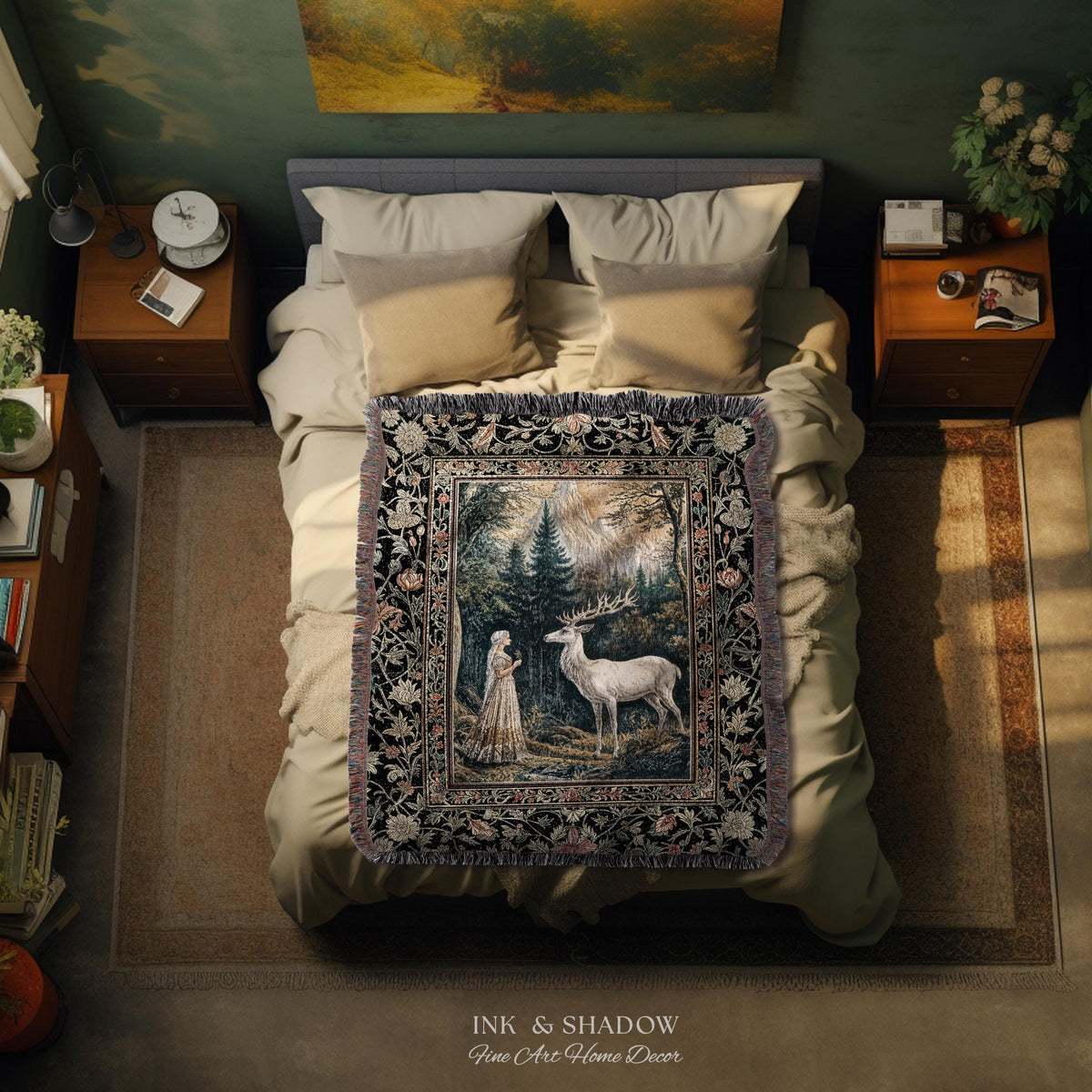 Mythic Landscape Gothic Forest Tapestry | Woodland Goddess Mystic Deer Blanket Forest Nymph Fairycore Woven Throw Magical Botanical Scene |