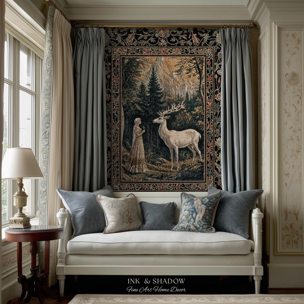 Mythic Landscape Gothic Forest Tapestry | Woodland Goddess Mystic Deer Blanket Forest Nymph Fairycore Woven Throw Magical Botanical Scene |