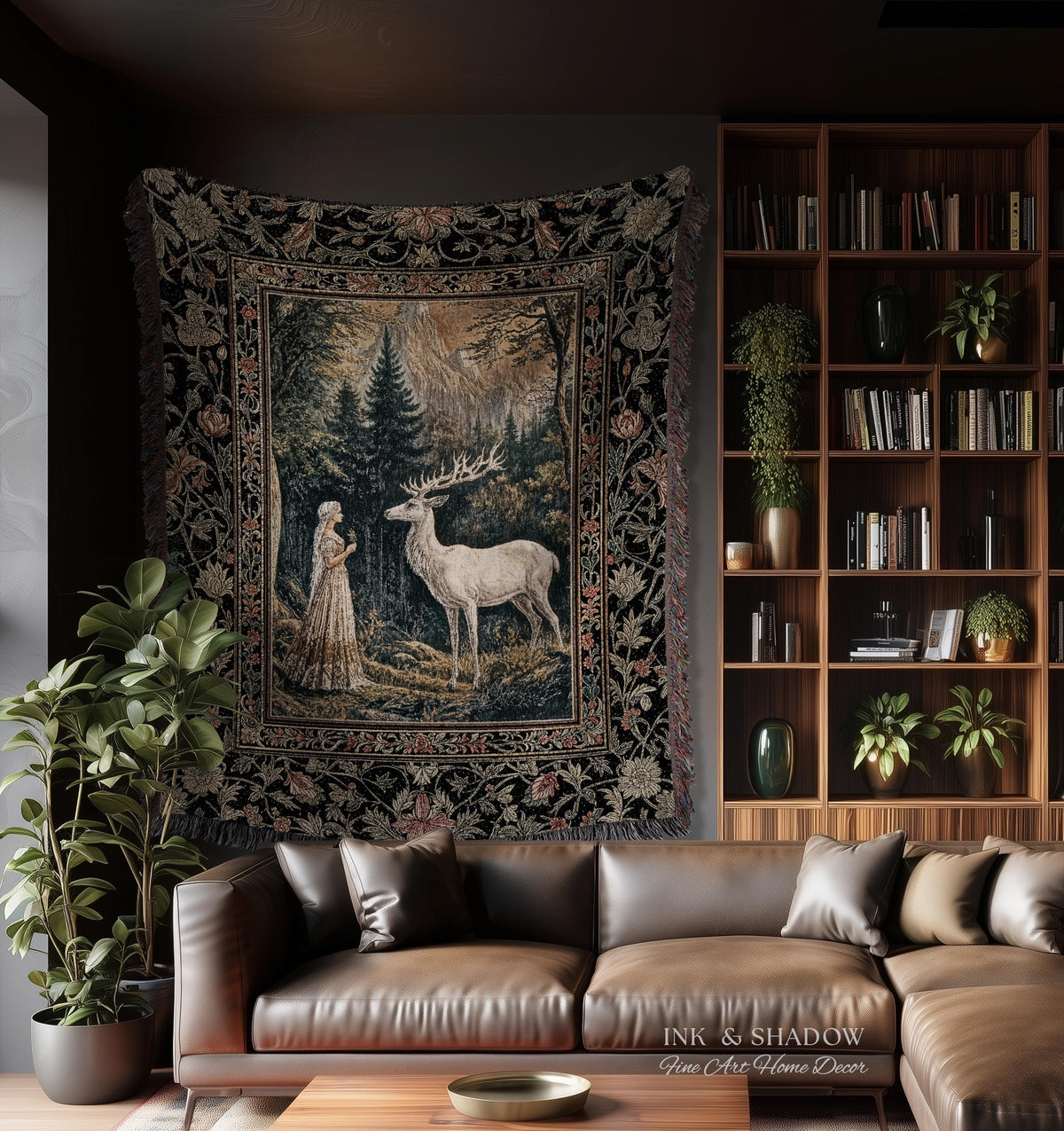 Mythic Landscape Gothic Forest Tapestry | Woodland Goddess Mystic Deer Blanket Forest Nymph Fairycore Woven Throw Magical Botanical Scene |