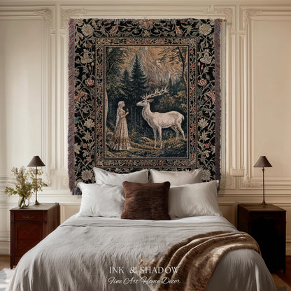 Mythic Landscape Gothic Forest Tapestry | Woodland Goddess Mystic Deer Blanket Forest Nymph Fairycore Woven Throw Magical Botanical Scene |