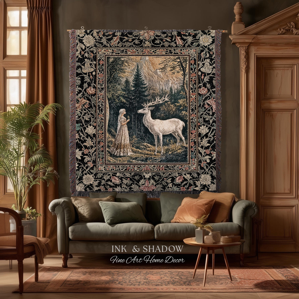 Mythic Landscape Gothic Forest Tapestry | Woodland Goddess Mystic Deer Blanket Forest Nymph Fairycore Woven Throw Magical Botanical Scene |