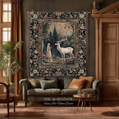 Mythic Landscape Gothic Forest Tapestry | Woodland Goddess Mystic Deer Blanket Forest Nymph Fairycore Woven Throw Magical Botanical Scene |