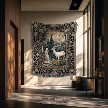 Mythic Landscape Gothic Forest Tapestry | Woodland Goddess Mystic Deer Blanket Forest Nymph Fairycore Woven Throw Magical Botanical Scene |