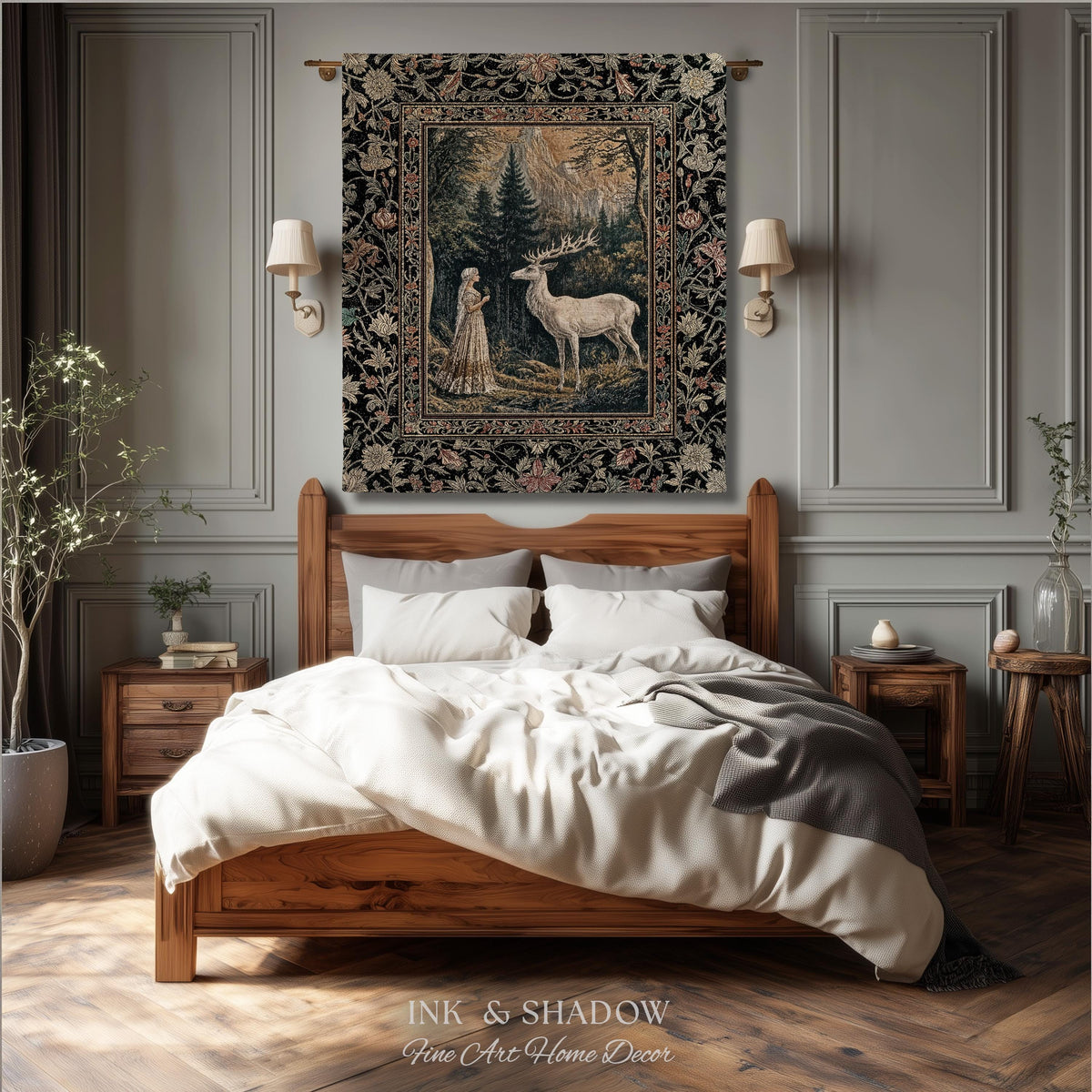 Mythic Landscape Gothic Forest Tapestry | Woodland Goddess Mystic Deer Blanket Forest Nymph Fairycore Woven Throw Magical Botanical Scene |