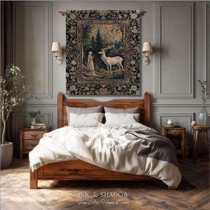 Mythic Landscape Gothic Forest Tapestry | Woodland Goddess Mystic Deer Blanket Forest Nymph Fairycore Woven Throw Magical Botanical Scene |