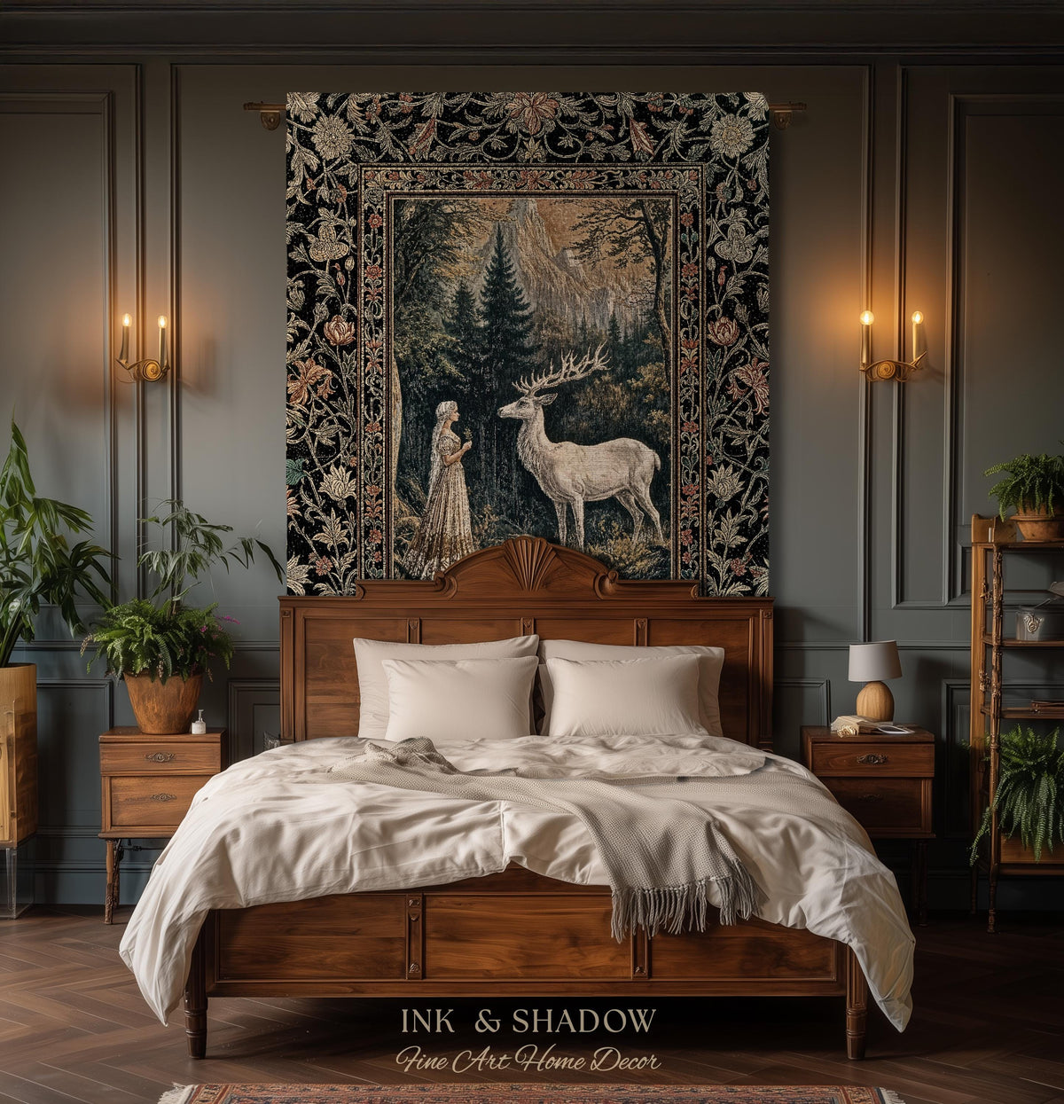Mythic Landscape Gothic Forest Tapestry | Woodland Goddess Mystic Deer Blanket Forest Nymph Fairycore Woven Throw Magical Botanical Scene |