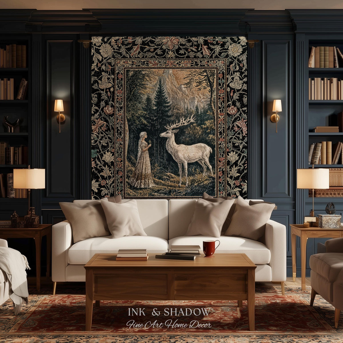 Mythic Landscape Gothic Forest Tapestry | Woodland Goddess Mystic Deer Blanket Forest Nymph Fairycore Woven Throw Magical Botanical Scene |