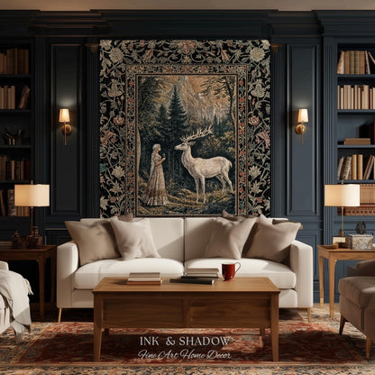 Mythic Landscape Gothic Forest Tapestry | Woodland Goddess Mystic Deer Blanket Forest Nymph Fairycore Woven Throw Magical Botanical Scene |