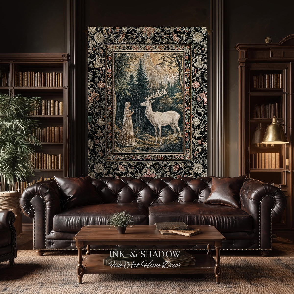Mythic Landscape Gothic Forest Tapestry | Woodland Goddess Mystic Deer Blanket Forest Nymph Fairycore Woven Throw Magical Botanical Scene |