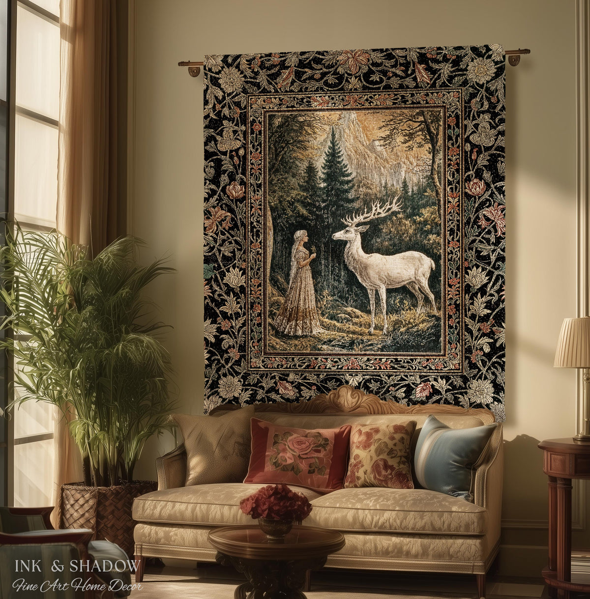 Mythic Landscape Gothic Forest Tapestry | Woodland Goddess Mystic Deer Blanket Forest Nymph Fairycore Woven Throw Magical Botanical Scene |