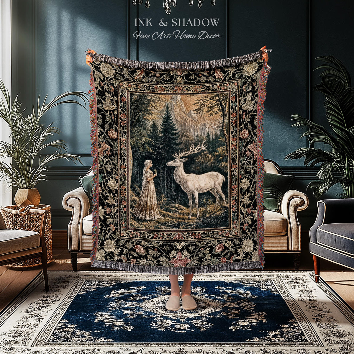 Mythic Landscape Gothic Forest Tapestry | Woodland Goddess Mystic Deer Blanket Forest Nymph Fairycore Woven Throw Magical Botanical Scene |