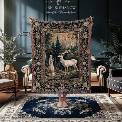Mythic Landscape Gothic Forest Tapestry | Woodland Goddess Mystic Deer Blanket Forest Nymph Fairycore Woven Throw Magical Botanical Scene |