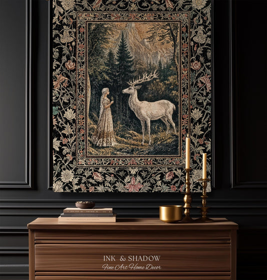 Mythic Landscape Gothic Forest Tapestry | Woodland Goddess Mystic Deer Blanket Forest Nymph Fairycore Woven Throw Magical Botanical Scene |