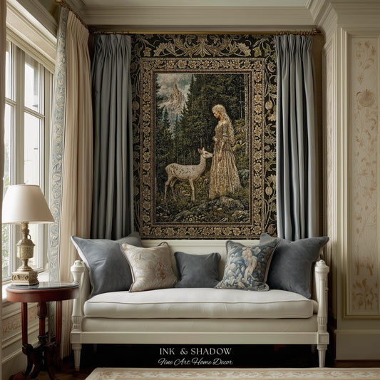 Whimsy Woodland Goddess Tapestry | Elegant Fairytale Throw Blanket Woven Wall Art Victorian Botanical Princess Mystic Deer Forest Spirit