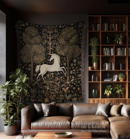 Medieval Unicorn Art Blanket Woven | Whimsical Room Decor Tapestry Cottagecore | Fairycore Aesthetic Room Decor Magical Tapestry Unicorn Art