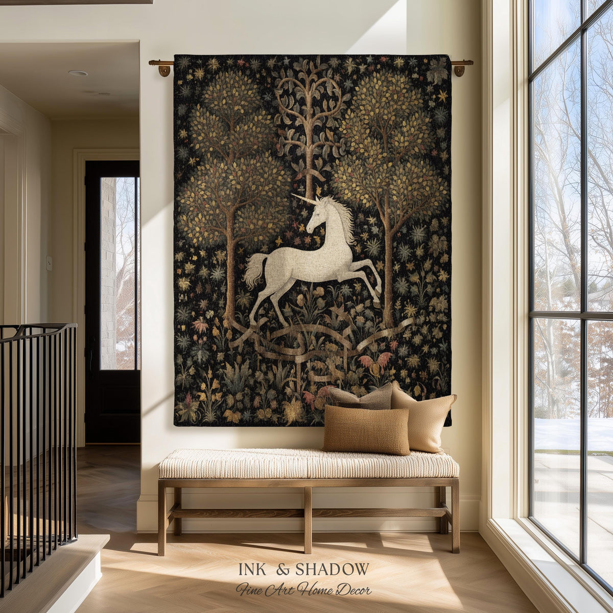 Medieval Unicorn Art Blanket Woven | Whimsical Room Decor Tapestry Cottagecore | Fairycore Aesthetic Room Decor Magical Tapestry Unicorn Art
