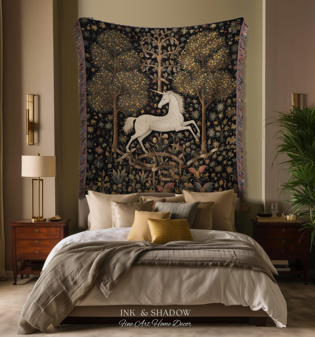 Medieval Unicorn Art Blanket Woven | Whimsical Room Decor Tapestry Cottagecore | Fairycore Aesthetic Room Decor Magical Tapestry Unicorn Art