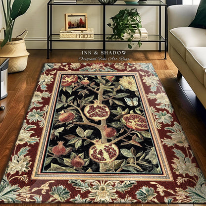 May include: Rectangular area rug with a central design of a pomegranate tree on a black background. The rug has a burgundy border with floral patterns and the text "INK & SHADOW Original Fine Art Rugs".