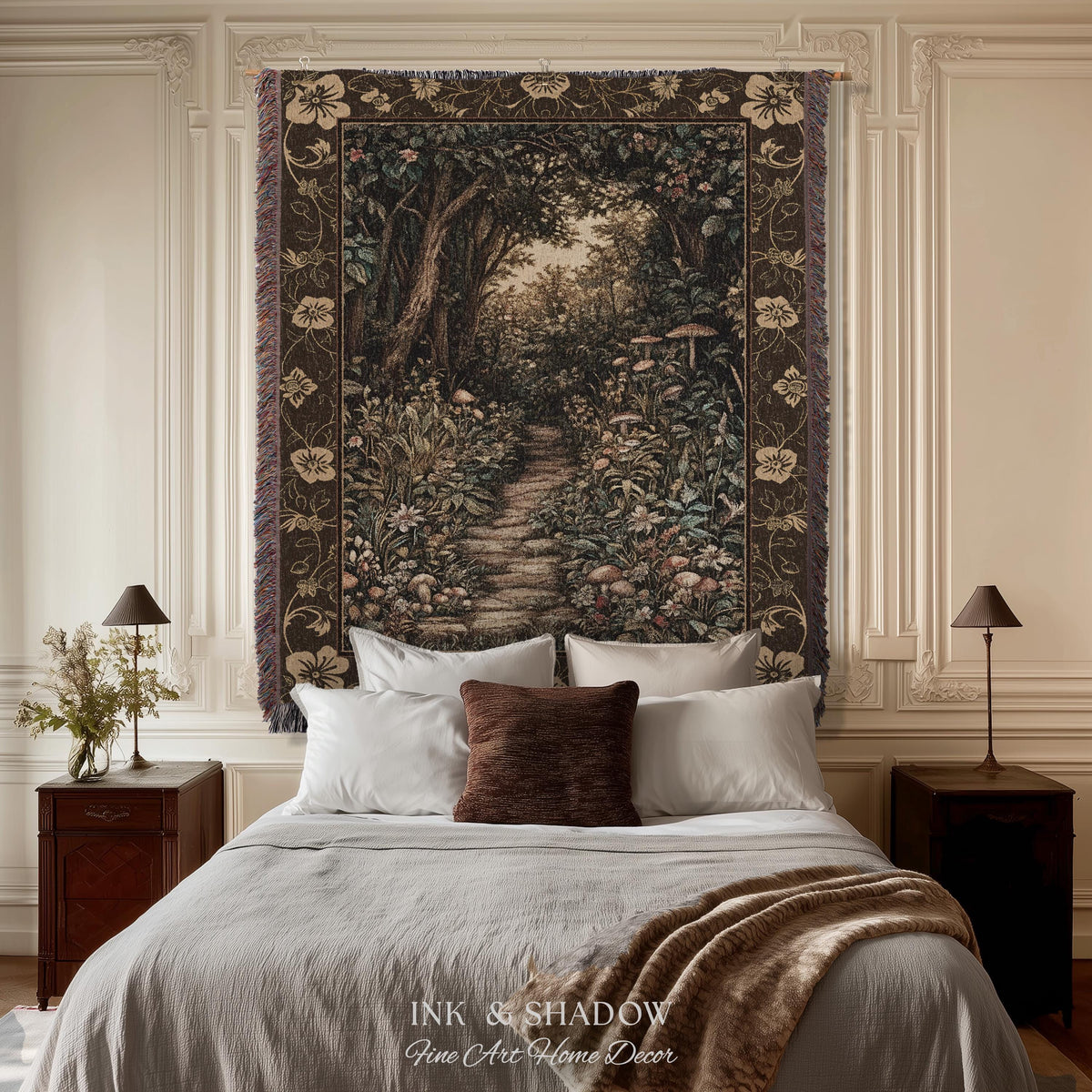 Mushroom Forest Magical Woodland Tapestry Blanket Ethereal Mystic Academia, Vintage Folklore Art Forest Fairycore Whimsigoth Medieval Throw