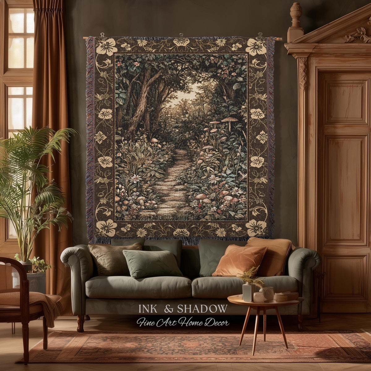 Mushroom Forest Magical Woodland Tapestry Blanket Ethereal Mystic Academia, Vintage Folklore Art Forest Fairycore Whimsigoth Medieval Throw
