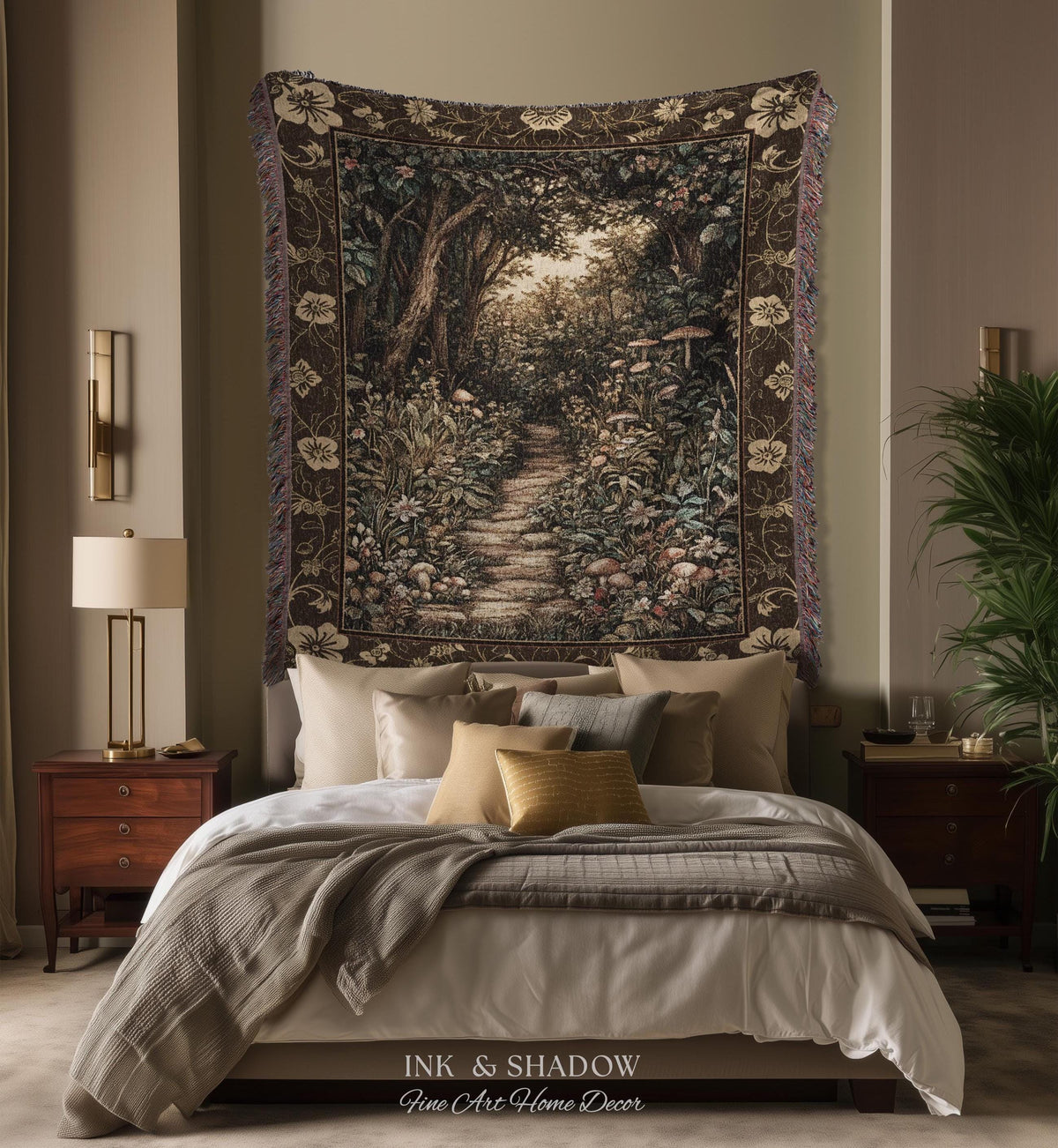 Mushroom Forest Magical Woodland Tapestry Blanket Ethereal Mystic Academia, Vintage Folklore Art Forest Fairycore Whimsigoth Medieval Throw