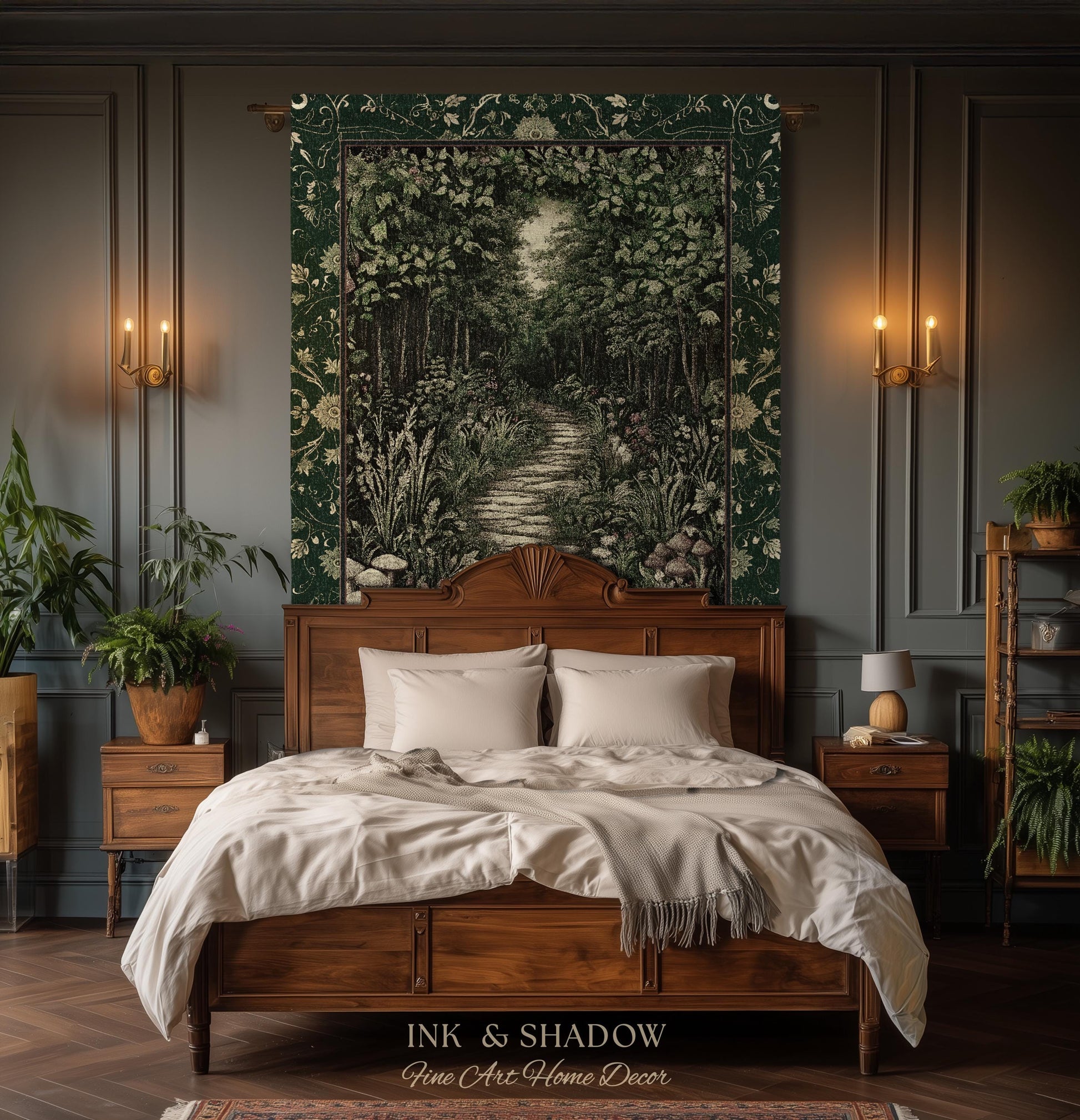Ethereal Woodland Meadow Tapestry | Dark Academia Folklore Fairy Core Aesthetic Blanket Magical Bedroom Emerald Green Home Decor Botanical