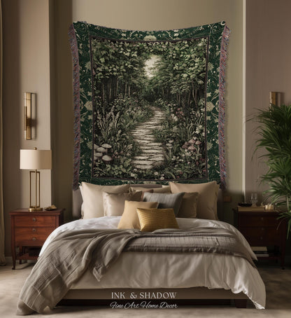 Ethereal Woodland Meadow Tapestry | Dark Academia Folklore Fairy Core Aesthetic Blanket Magical Bedroom Emerald Green Home Decor Botanical