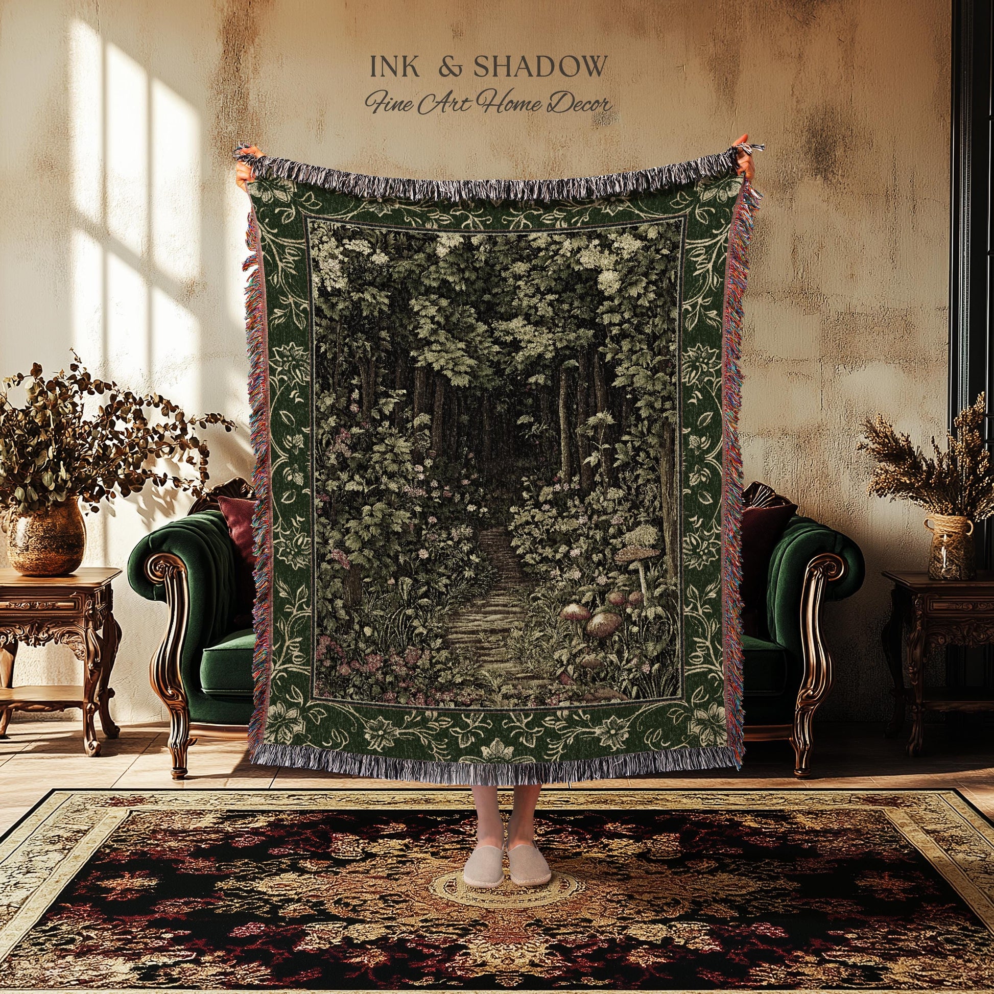 Fairytale Forest Botanical Throw Blanket | Mystic Aesthetic Woodland Home Magical Decor Plant Loving Bedroom Housewarming Gift Emerald Woods