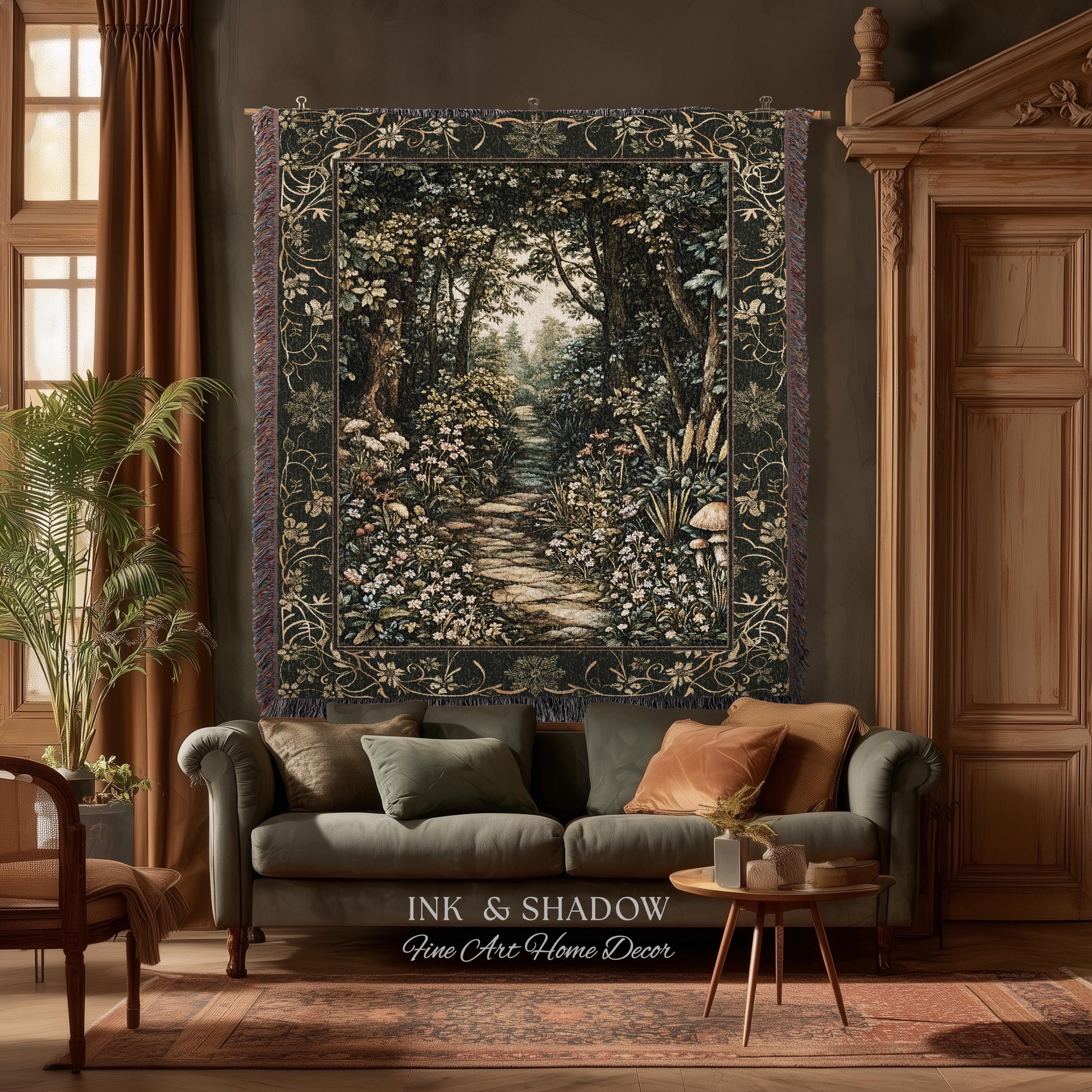 Fairy Meadow Mushroom Forest Woven Blanket Mystic Academia Folklore Inspired, Fairycore Woodland Gothic Whimsical Medieval Tapestry Throw