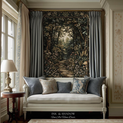 May include: A white daybed with four decorative pillows sits beneath a large rectangular wall tapestry depicting a forest path. The tapestry features dark green trees, wildflowers, and a stone walkway. Text at the bottom reads INK & SHADOW.
