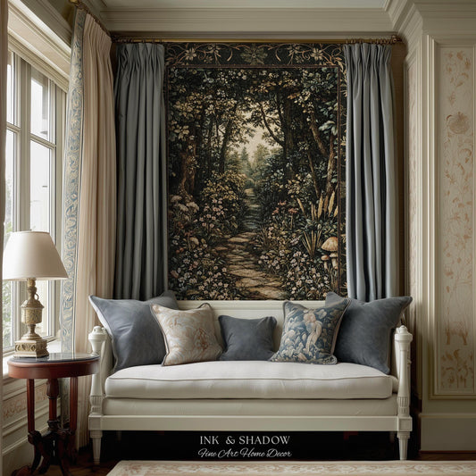May include: A white daybed with four decorative pillows sits beneath a large rectangular wall tapestry depicting a forest path. The tapestry features dark green trees, wildflowers, and a stone walkway. Text at the bottom reads INK & SHADOW.