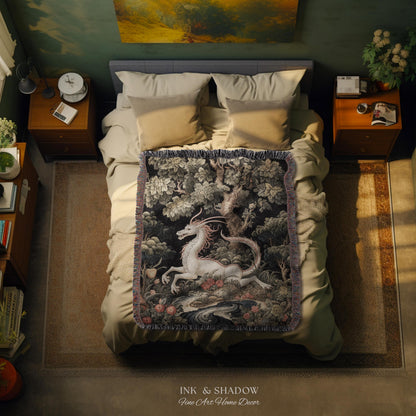 Medieval Dragon Blanket Woven | Crowcore Tapestry Cottagecore Room Decor Dark Academia Aesthetic Gothic Maximalist Gift For Goths Throw |