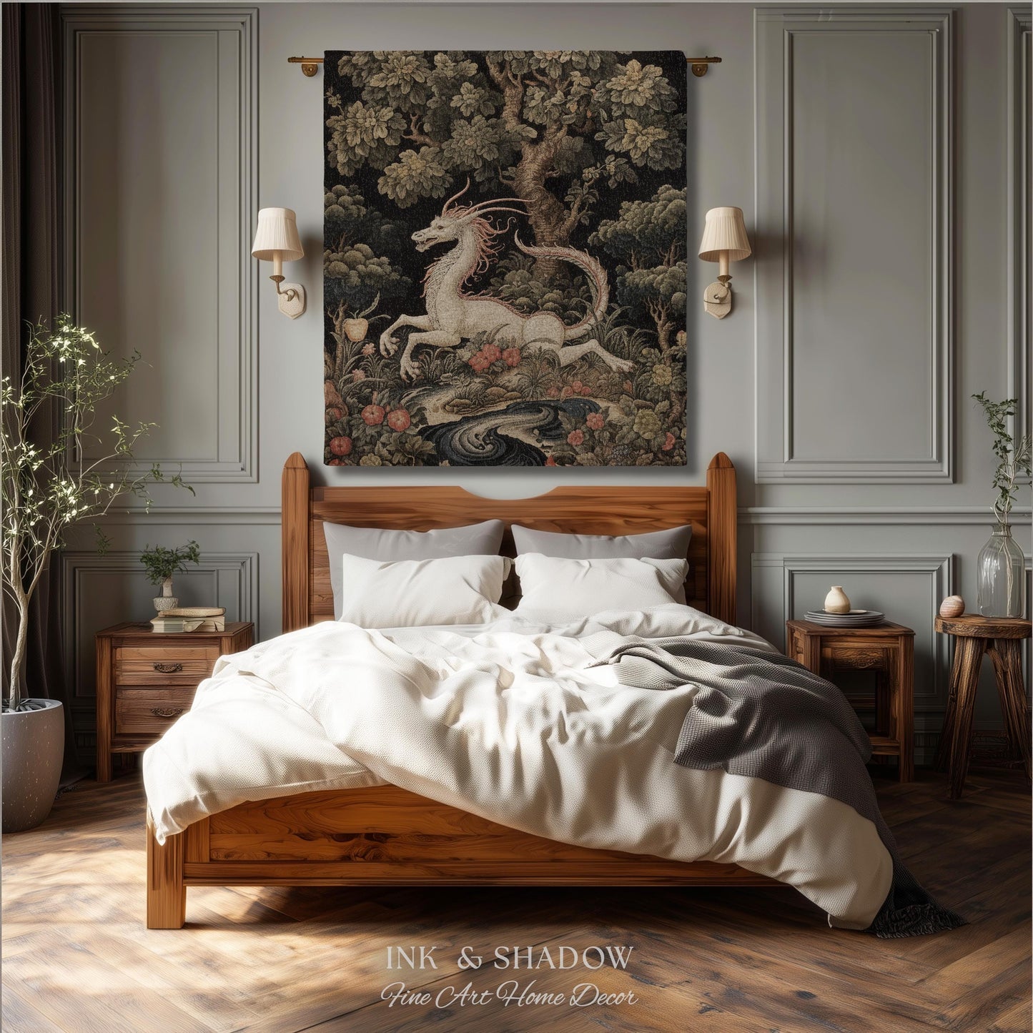 Medieval Dragon Blanket Woven | Crowcore Tapestry Cottagecore Room Decor Dark Academia Aesthetic Gothic Maximalist Gift For Goths Throw |