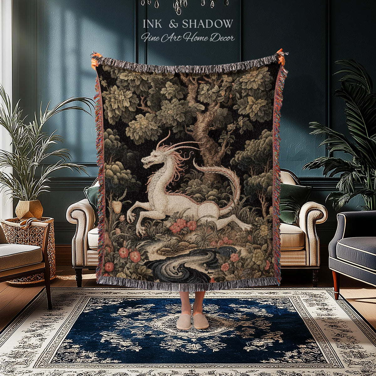 Medieval Dragon Blanket Woven | Crowcore Tapestry Cottagecore Room Decor Dark Academia Aesthetic Gothic Maximalist Gift For Goths Throw |
