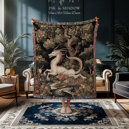 Medieval Dragon Blanket Woven | Crowcore Tapestry Cottagecore Room Decor Dark Academia Aesthetic Gothic Maximalist Gift For Goths Throw |