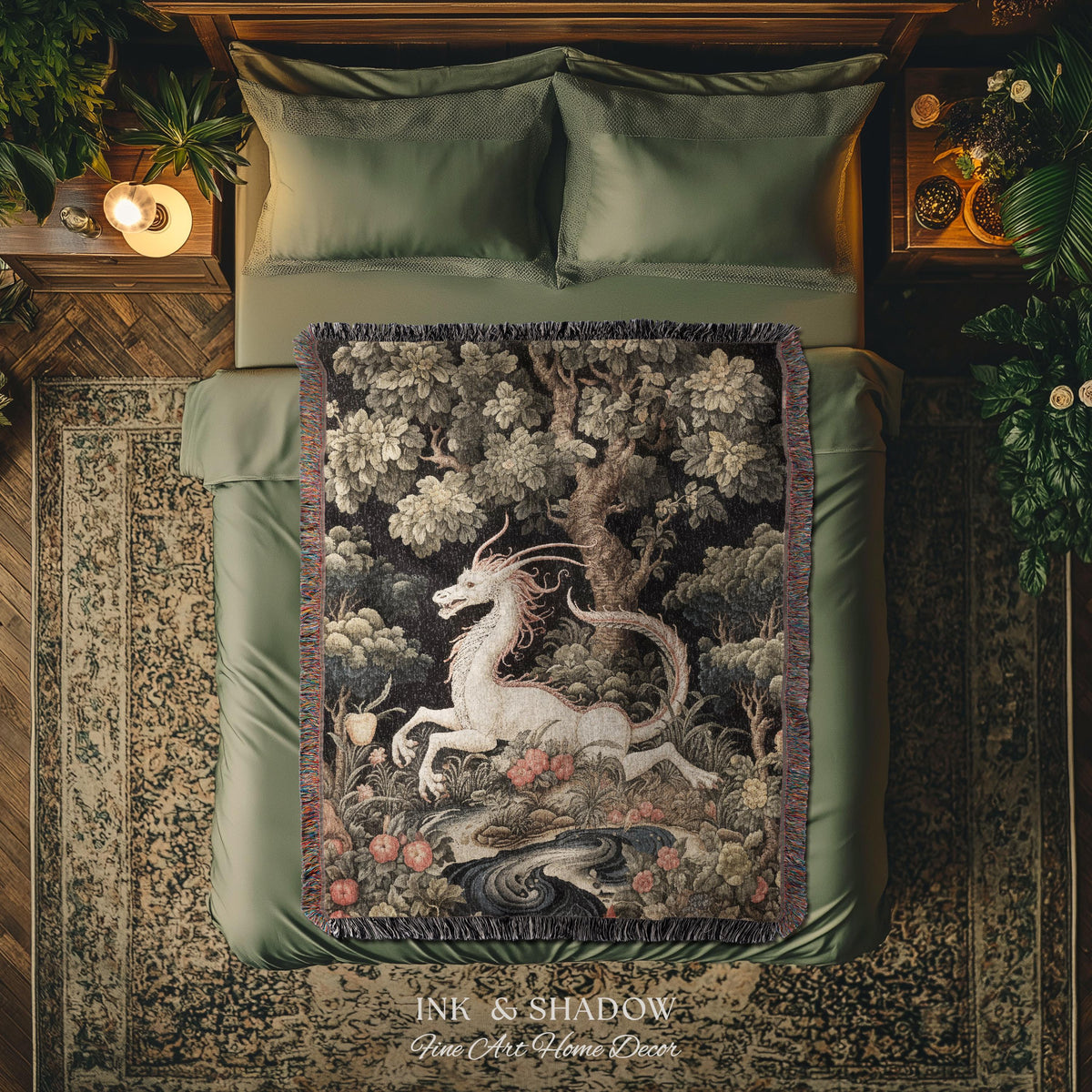Medieval Dragon Blanket Woven | Crowcore Tapestry Cottagecore Room Decor Dark Academia Aesthetic Gothic Maximalist Gift For Goths Throw |