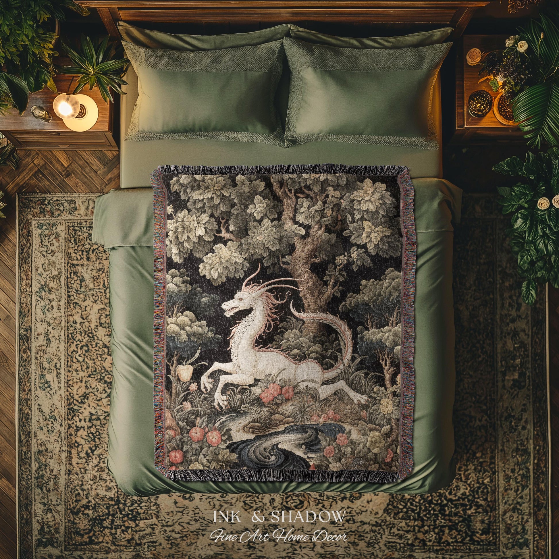 Medieval Dragon Blanket Woven | Crowcore Tapestry Cottagecore Room Decor Dark Academia Aesthetic Gothic Maximalist Gift For Goths Throw |