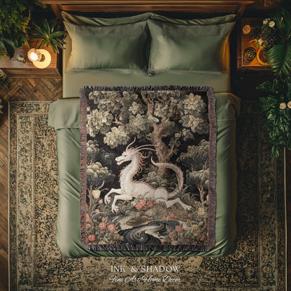 Medieval Dragon Blanket Woven | Crowcore Tapestry Cottagecore Room Decor Dark Academia Aesthetic Gothic Maximalist Gift For Goths Throw |