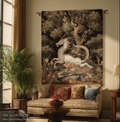 Medieval Dragon Blanket Woven | Crowcore Tapestry Cottagecore Room Decor Dark Academia Aesthetic Gothic Maximalist Gift For Goths Throw |