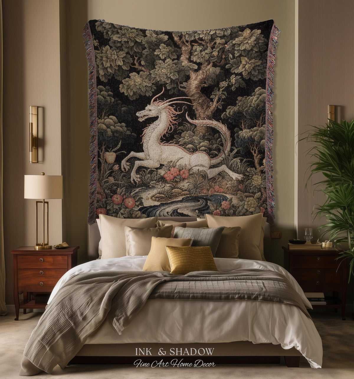 Medieval Dragon Blanket Woven | Crowcore Tapestry Cottagecore Room Decor Dark Academia Aesthetic Gothic Maximalist Gift For Goths Throw |