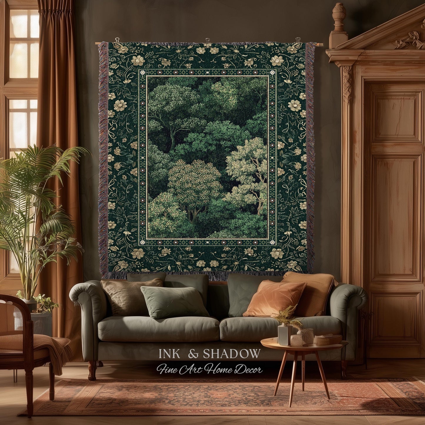 Lush Botanical Green Woven Blanket | Forest Theme Woodsy Aesthetic Living Room Green Home Decor Housewarming Gift Emerald Bedroom Tapestry |