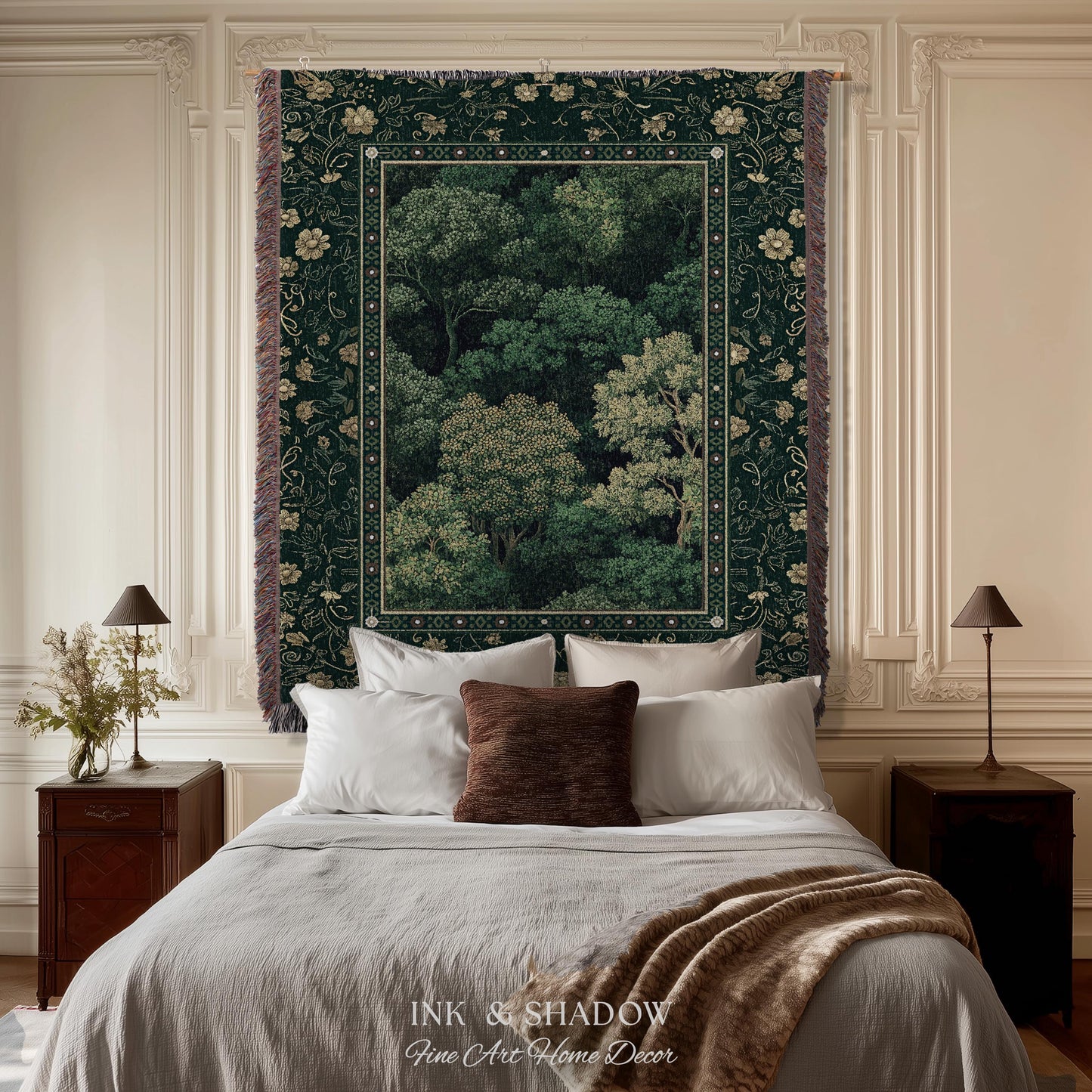 Lush Botanical Green Woven Blanket | Forest Theme Woodsy Aesthetic Living Room Green Home Decor Housewarming Gift Emerald Bedroom Tapestry |